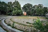 a grassy area with trees in the background