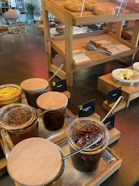 a table with a variety of condiments on it