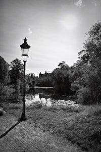 a black and white photo of a lamp post in front of a lake